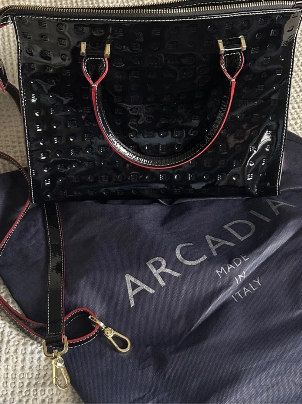 Arcadia Black Patent Satchel with PinkTrim
